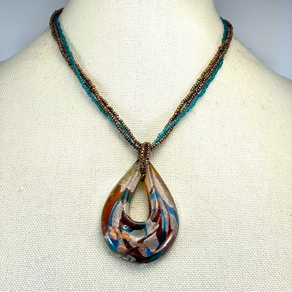 Teardrop Murano Glass Pendant Necklace Statement Chunky with Seed Bead Cord